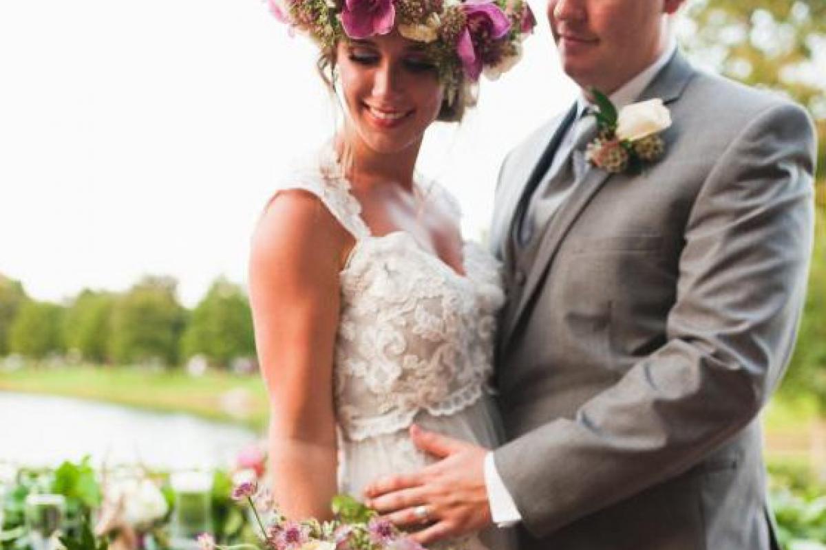 Bride and Groom Together Outside, Bride Holding Bouquet